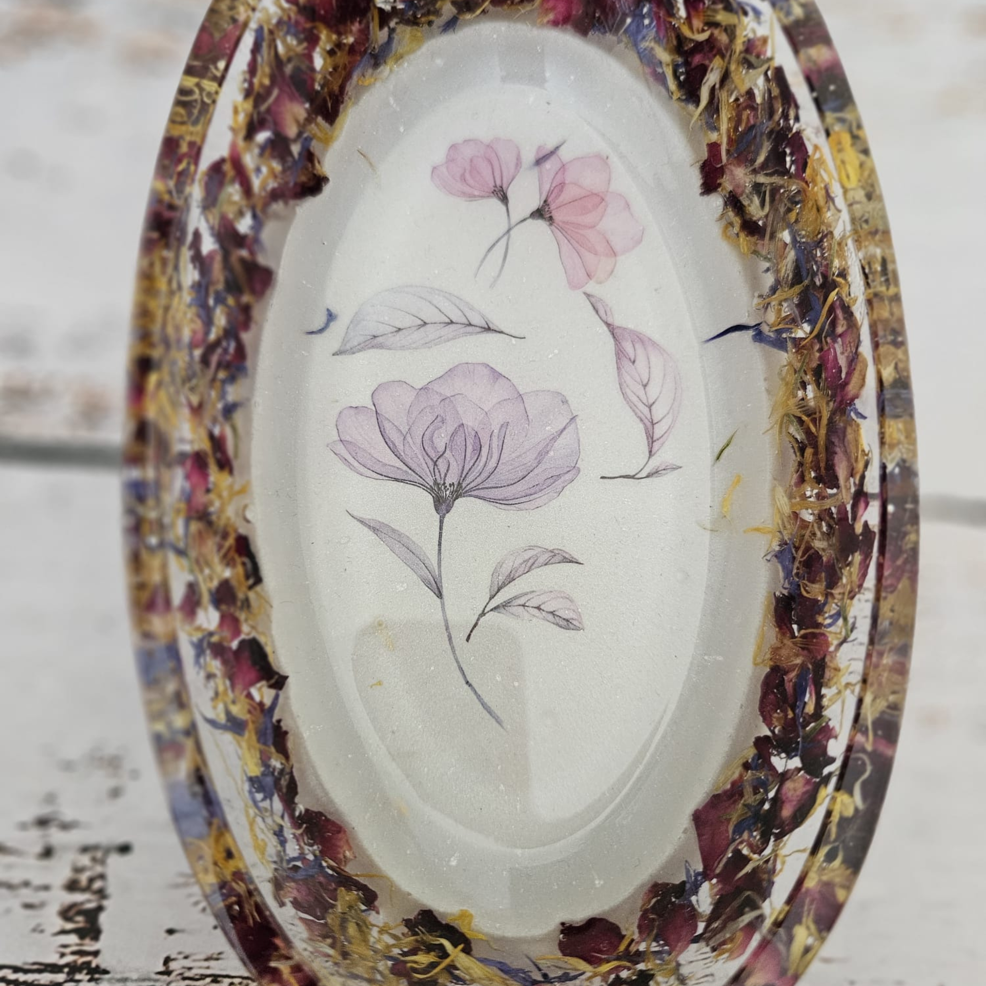Handmade purple botanical resin trinket bowl with real dried flower border