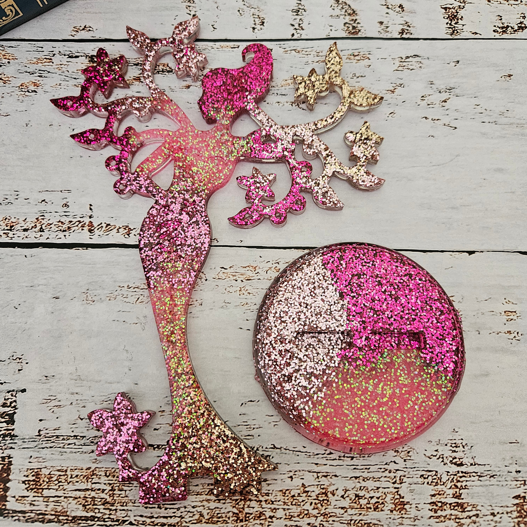 Pink and gold glitter handmade resin fairy jewellery tree with matching round base