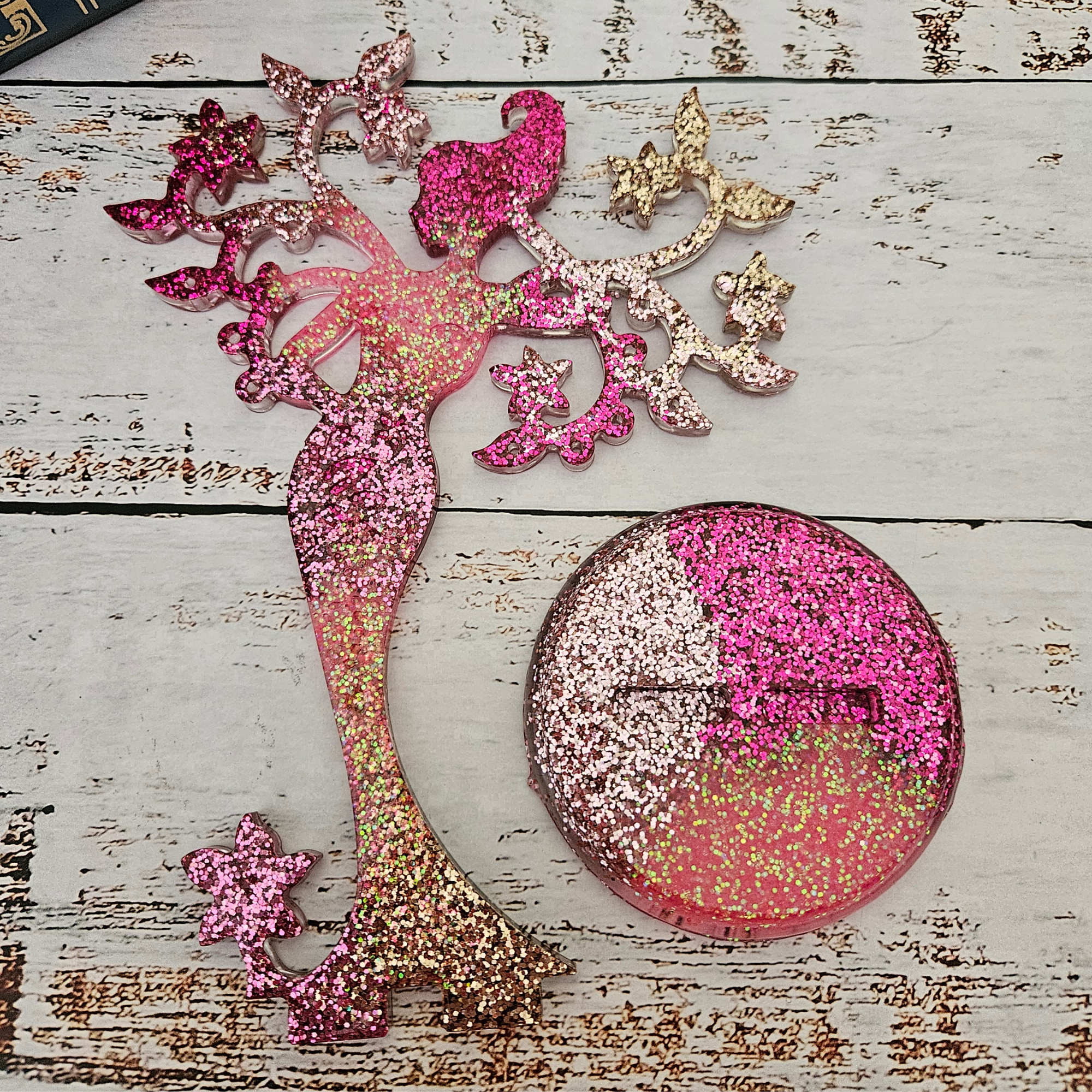 Pink and gold glitter handmade resin fairy jewellery tree with matching round base