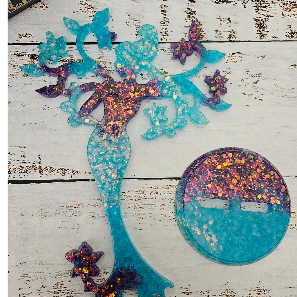 Turquoise and purple glitter resin fairy jewellery tree with matching round base