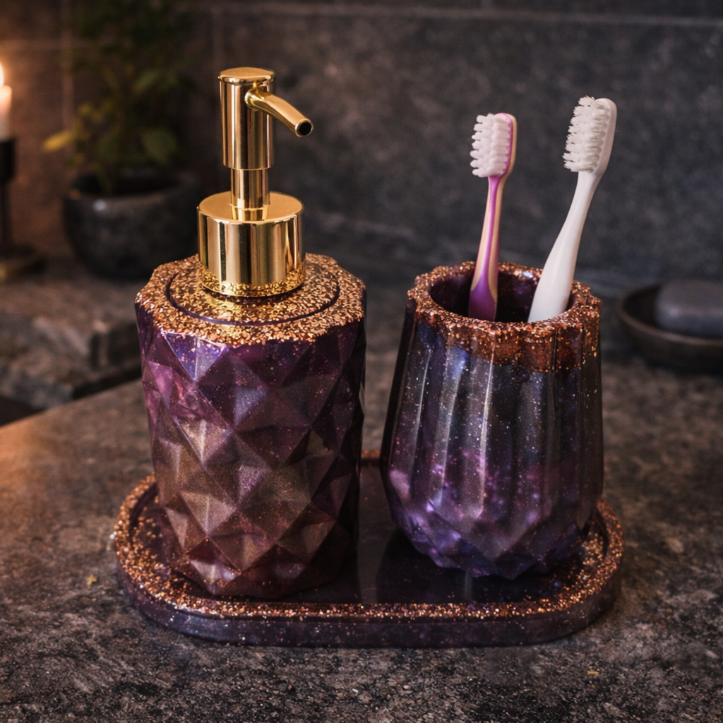 Purple and gold handmade resin soap dispenser and toothbrush tumbler on matching tray