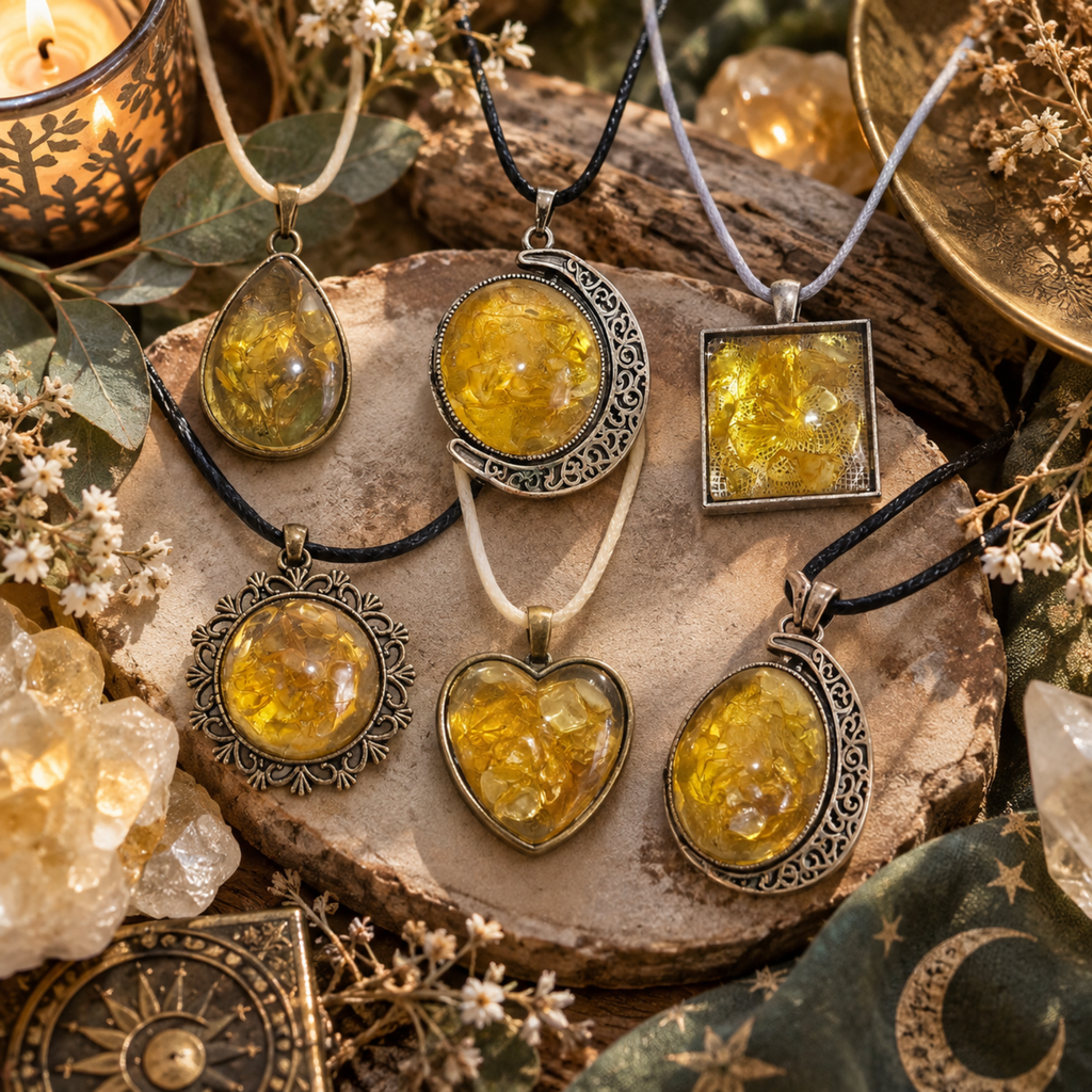 Handmade Citrine crystal chip pendant necklaces set in resin within decorative metal bezels in a choice of designs.