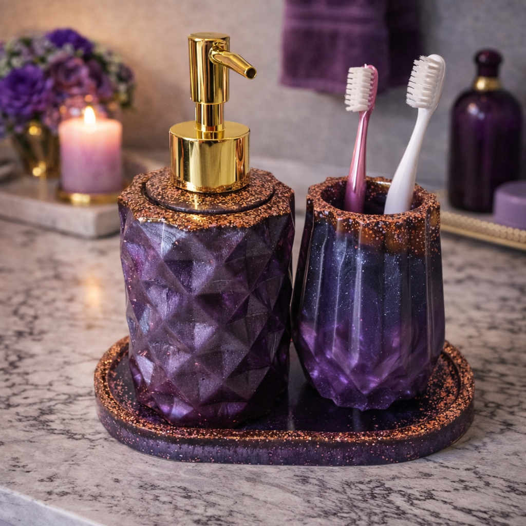 Handmade purple resin bathroom set with gold pump, toothbrush holder and glitter edged tray