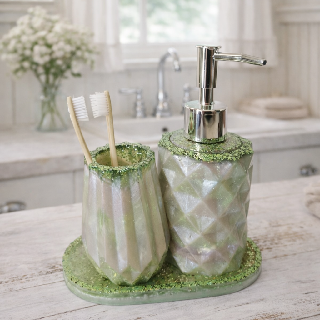 Pearlescent sage green handmade resin bathroom set with silver soap pump, toothbrush tumbler and matching tray