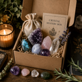 Hand-curated crystal mystery gift box featuring genuine crystals in rustic kraft gift packaging.