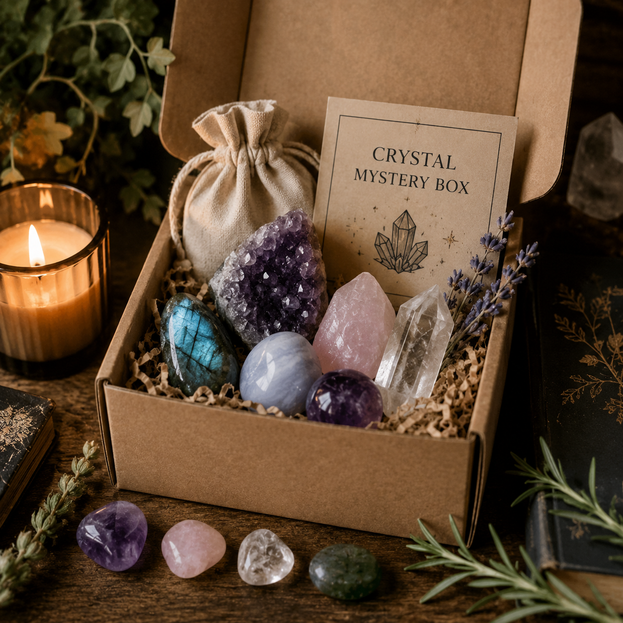 Hand-curated crystal mystery gift box featuring genuine crystals in rustic kraft gift packaging.