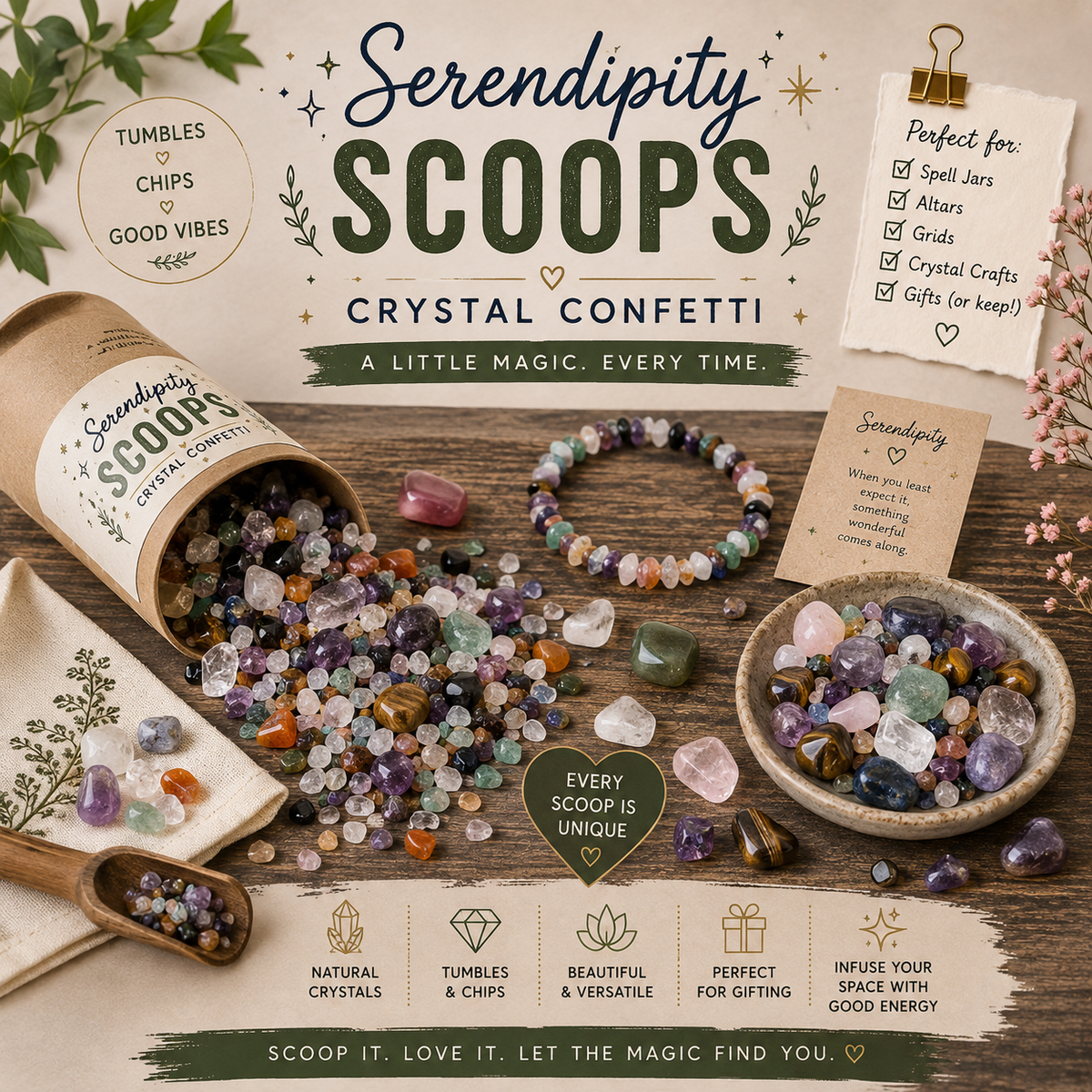Serendipity Scoops featuring colourful crystal chips, mini tumbles, a crystal chip bracelet and surprise crystal treasures arranged in a rustic display.